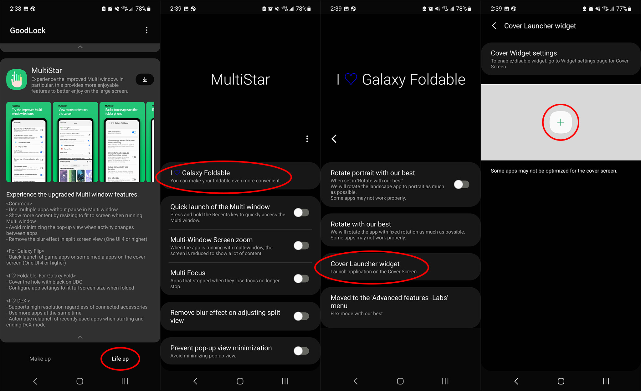 Añadir aplicaciones de pantalla completa a la pantalla de la portada con Good Lock y Multi-Star en el Samsung Galaxy Z Flip 4