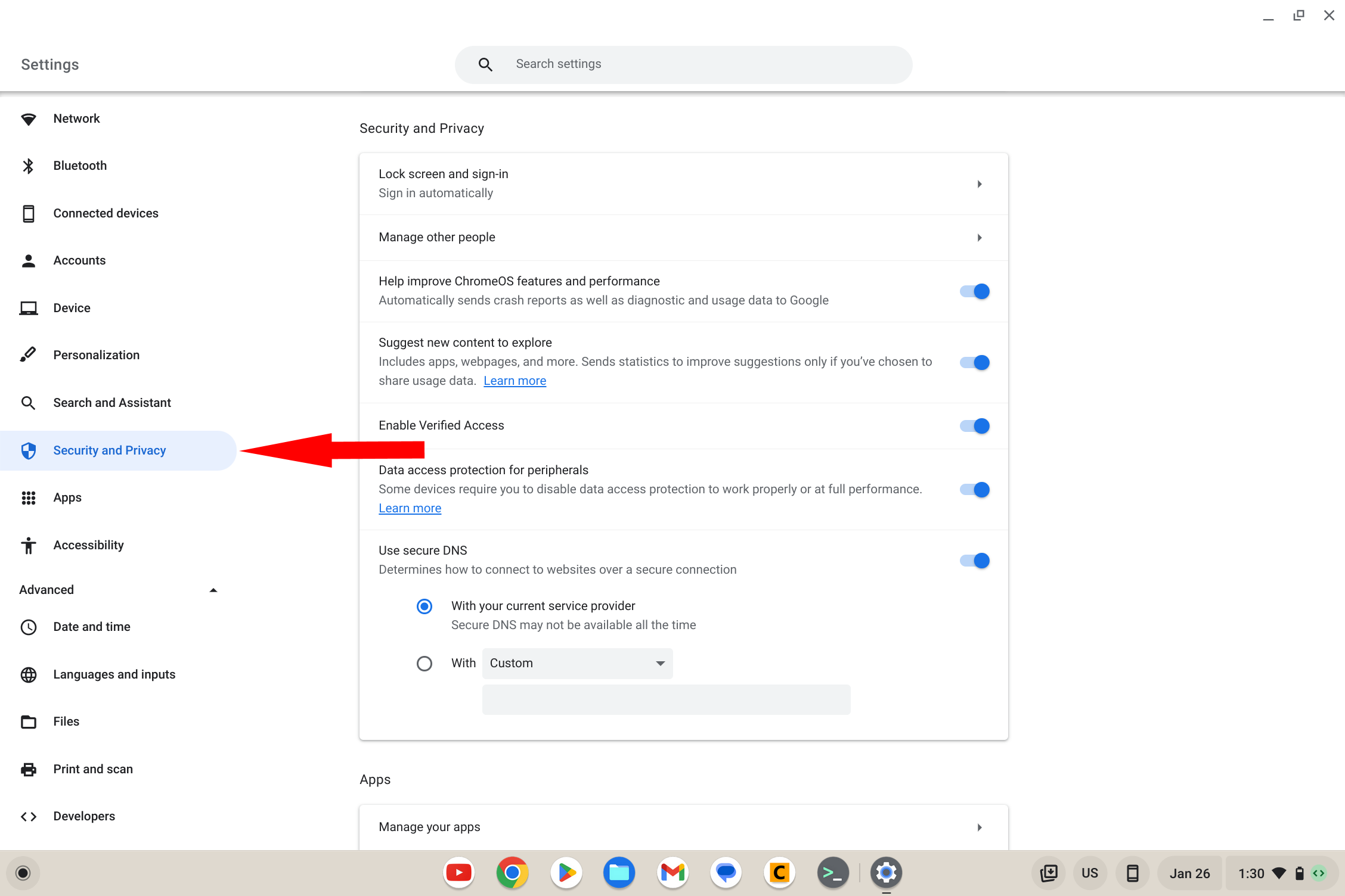 Configuración de seguridad y privacidad en un Chromebook