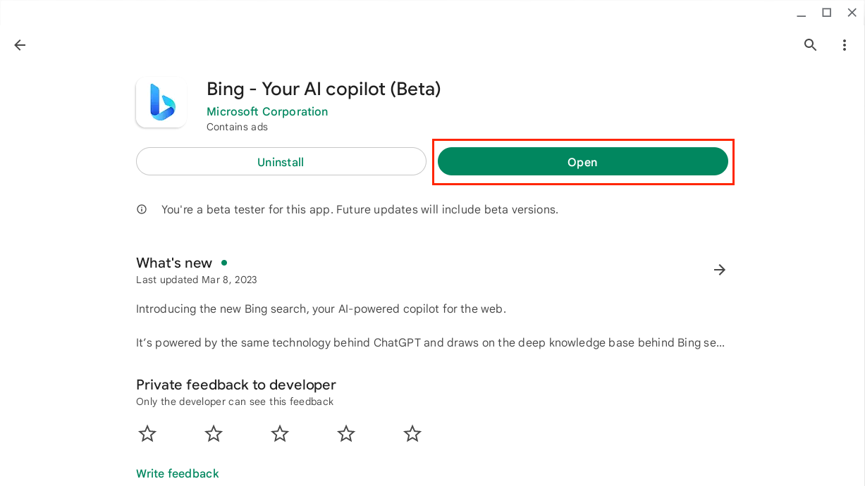 Abra la aplicación Bing en Chromebook desde Play Store