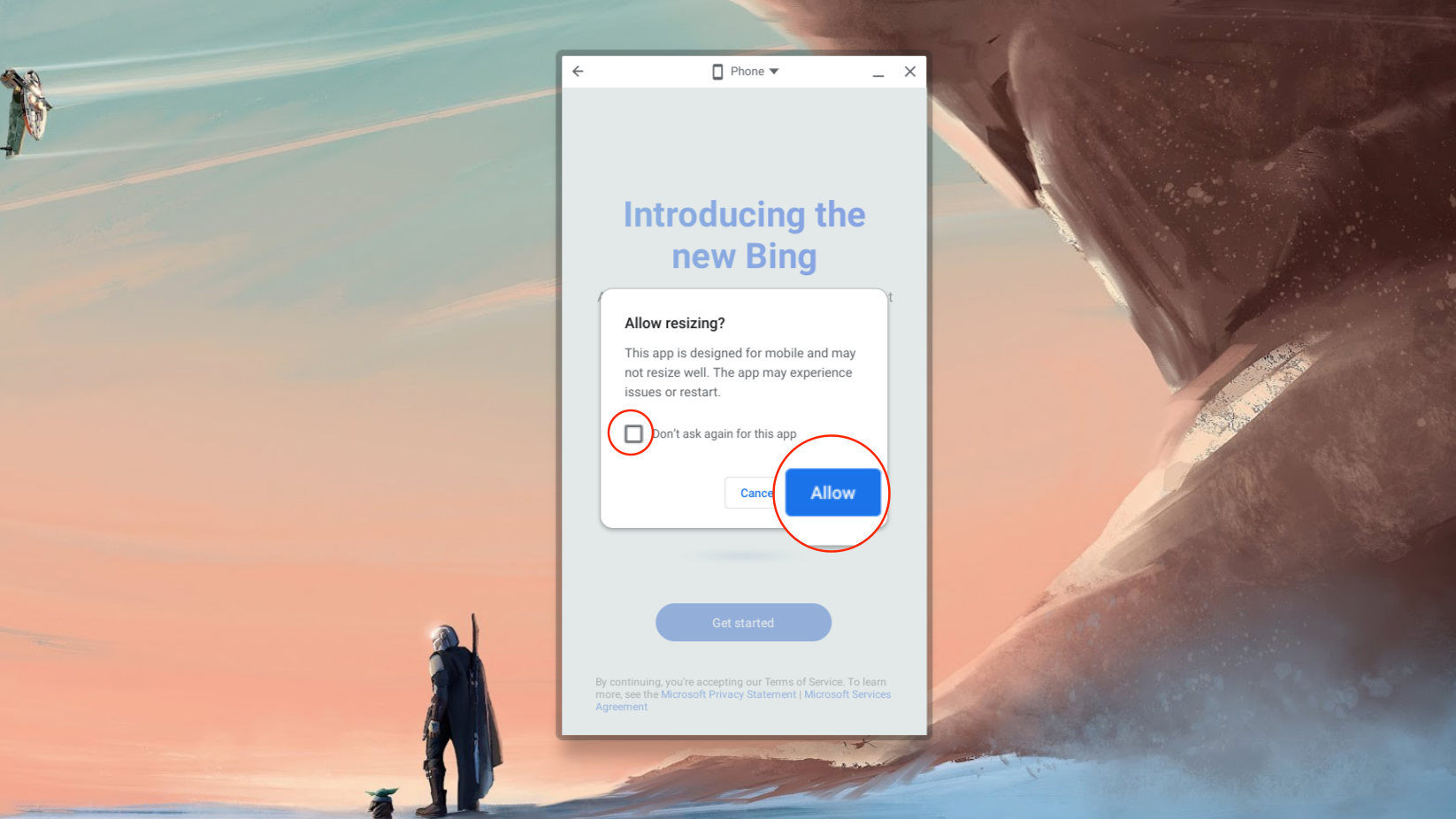Permite cambiar el tamaño a la aplicación Bing en Chromebooks