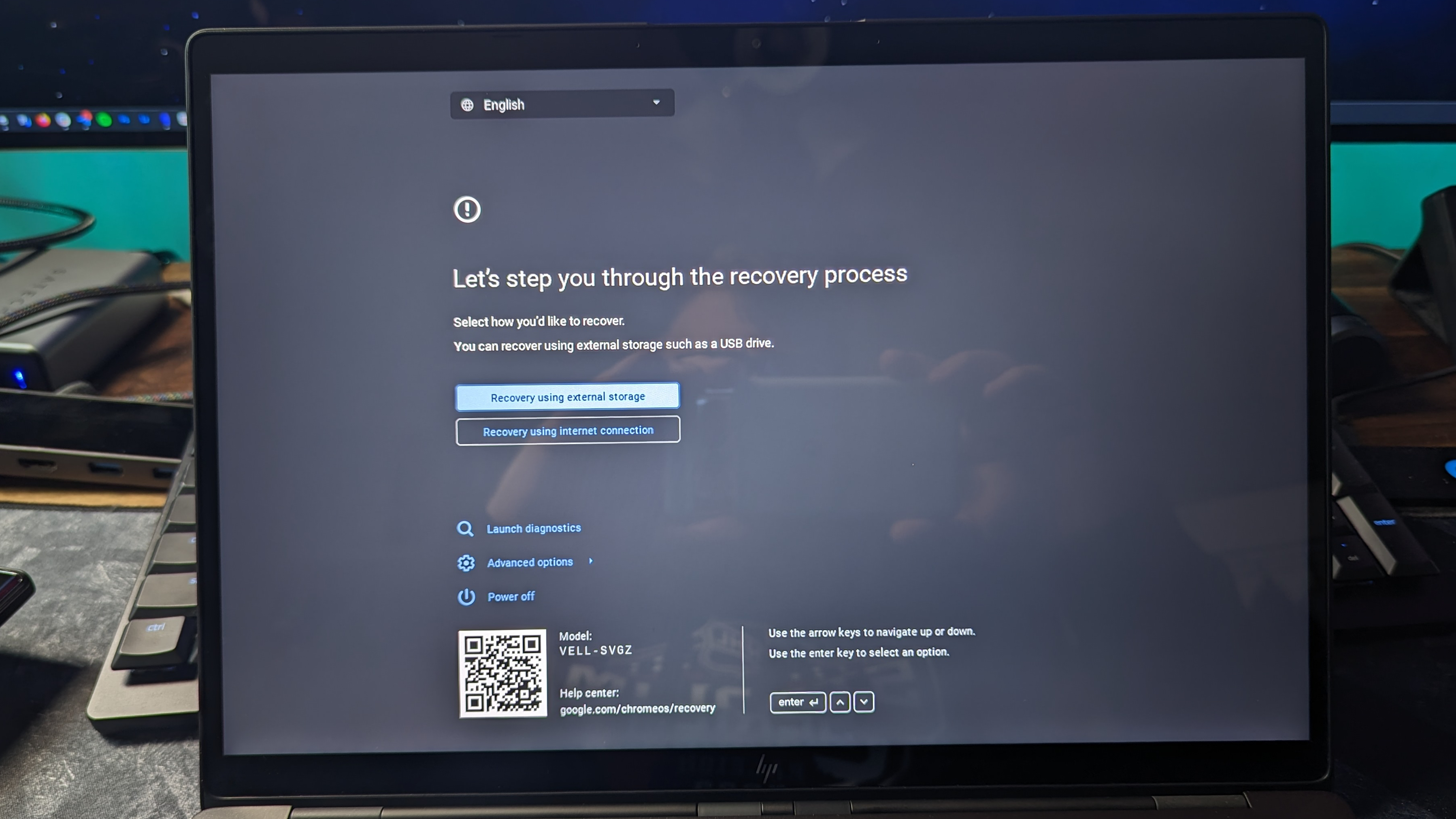 Pantalla de proceso de recuperación en Chromebook
