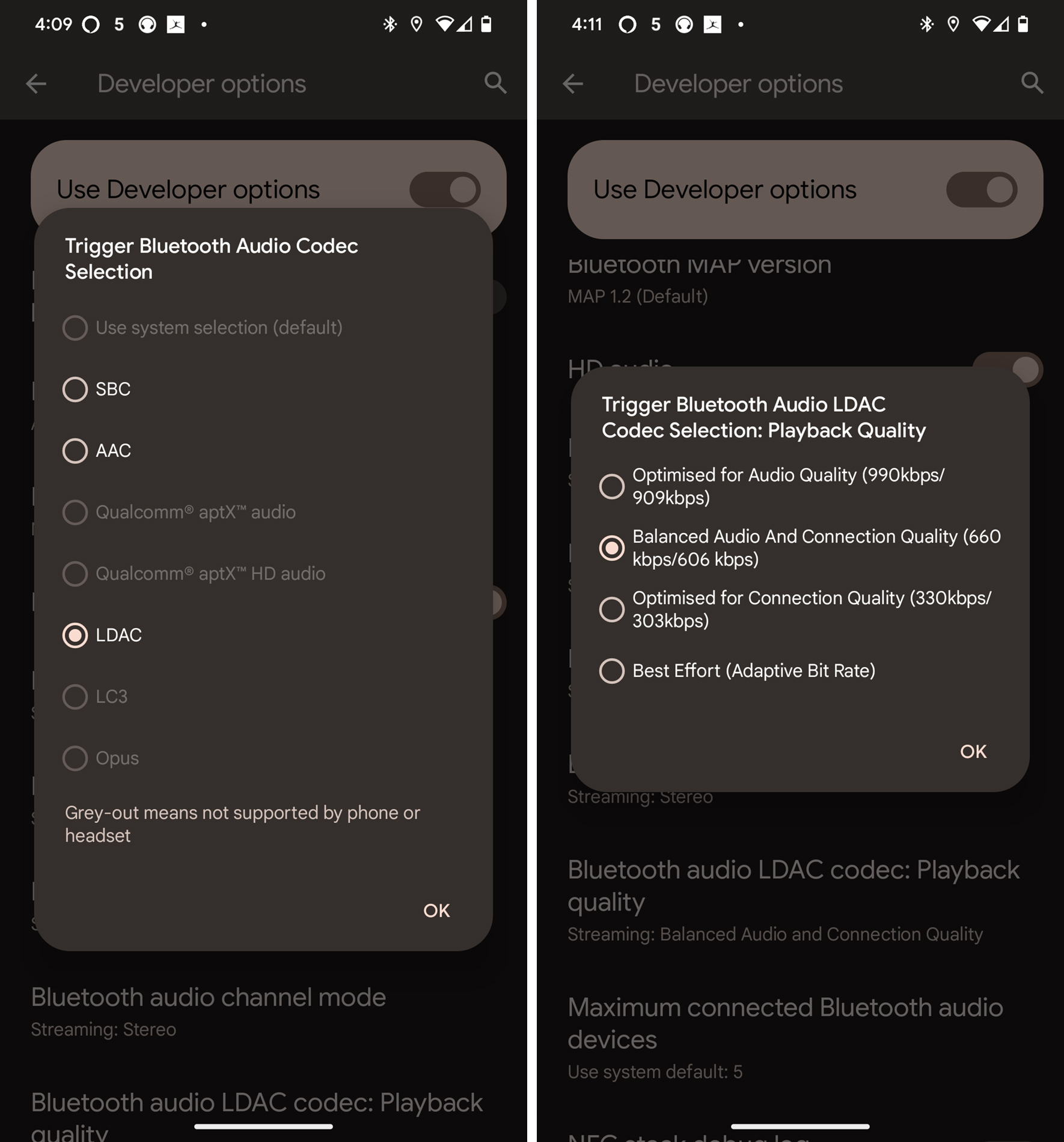 Capturas de pantalla que muestran las opciones de desarrollador para los códecs Bluetooth y la calidad.