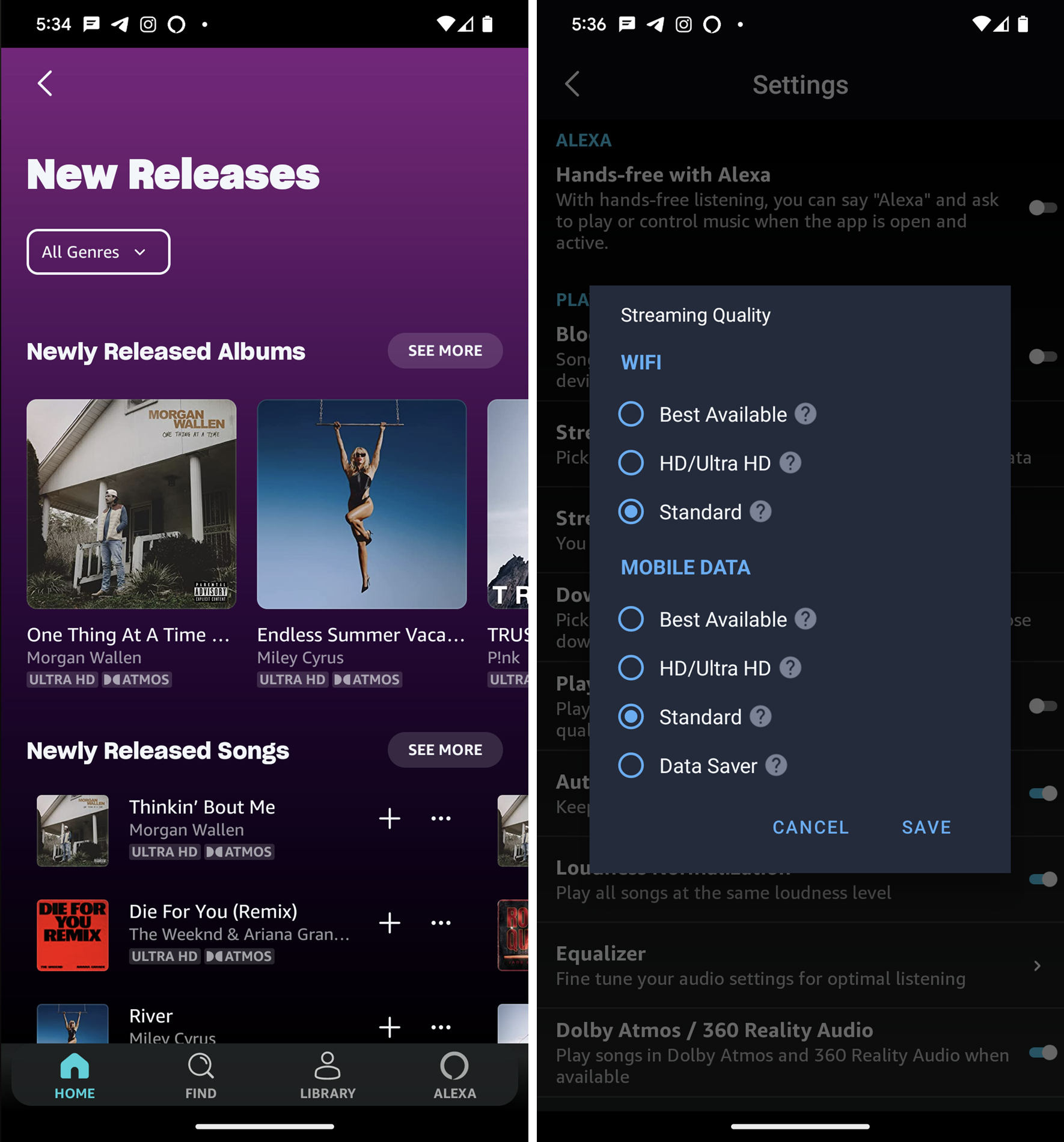 Capturas de pantalla de Amazon Music que muestran selecciones Ultra HD.