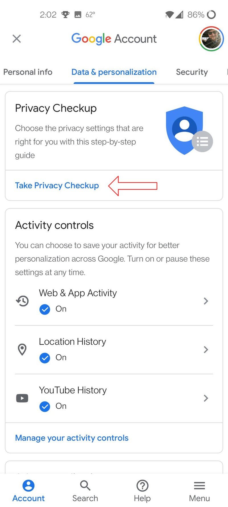 Captura de pantalla de privacidad de la cuenta de Google