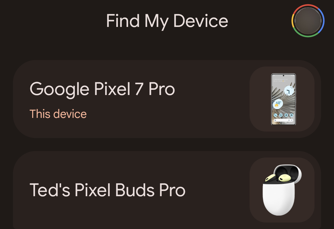 Captura de pantalla que muestra Google Pixel Buds Pro seleccionado en la aplicación Encuentra mi dispositivo.
