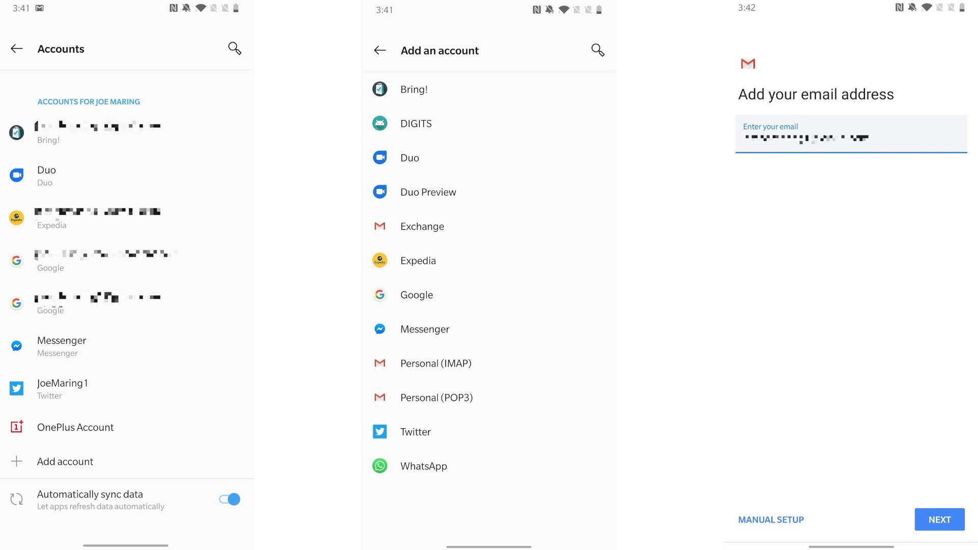 Capturas de pantalla que muestran cómo añadir una nueva cuenta de correo electrónico IMAP a un teléfono Android